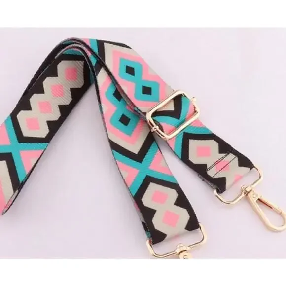 Geometric Pattern Adjustable Purse Strap In Pink, Black and Blue - Picture 4 of 9
